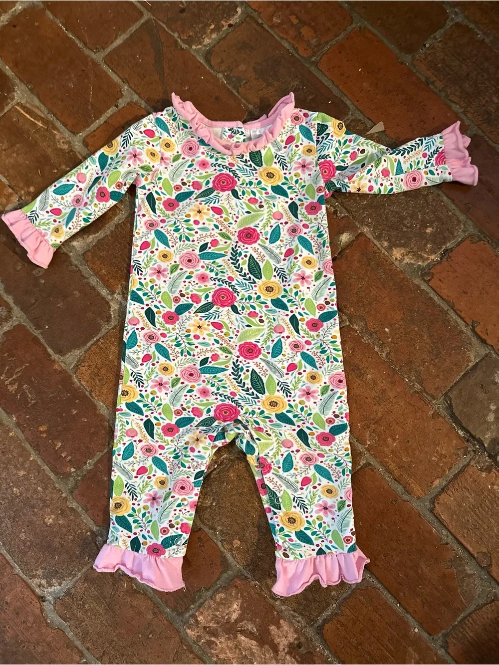 Stitchy Fish Baby Girl Floral One-Piece Romper with Pink Ruffle Trim, Size 12 Mo